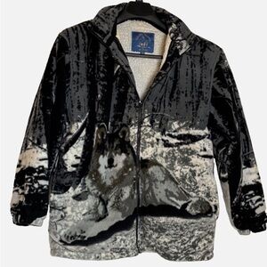 The Bear Trading Co. Wolf Aztec Jacket M Fleece "Sherpa" Lined VTG Y2K Cabincore
